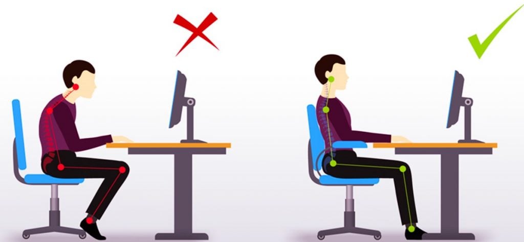a man sitting at a desk in front of a computer showing poor ergonomic posture versus good ergonomic posture