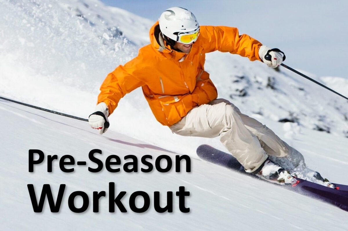 man skiing downhill in orange jacket pre-seaon workout